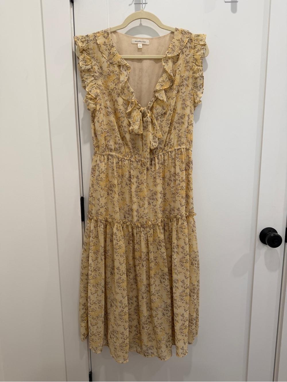 Light Yellow Floral Ruffle Tiered Midi Dress with Tie Front